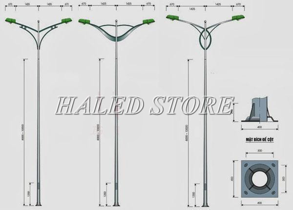 Bản vẽ 3 loại cột đèn cao áp rời cần đôi