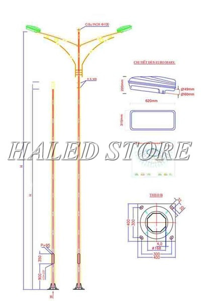 Kiểu dáng cột đèn cao áp bát giác 6m bát giác rời cần kép